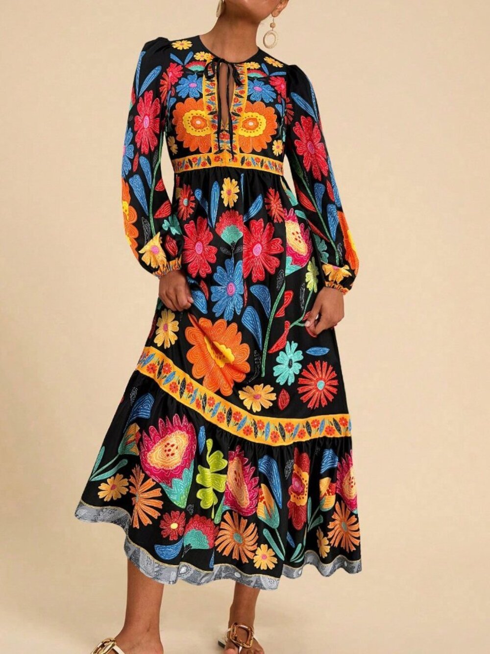 Black Boho Women's Floral Tie-Up Long Sleeve Dress - Picture 5 of 6